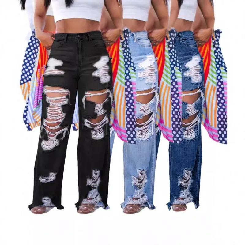 

2026 Trendy Euro-American Sexy Burnout Distressed Denim Jeans for Women Fashionable High Street Style Pants for Casual Wear