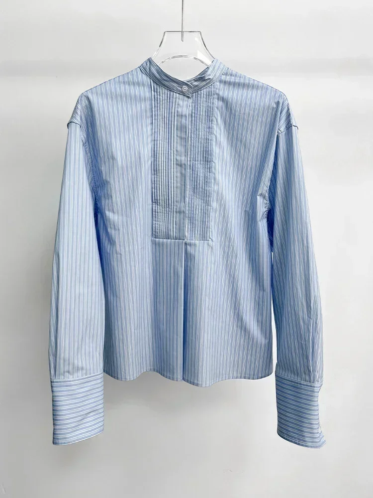 

Женская хлопковая синяя полосатая рубашка нового фасона свободного кроя с воротником-стойкой, с длинными рукавами, повседневная блузка и топ для офиса