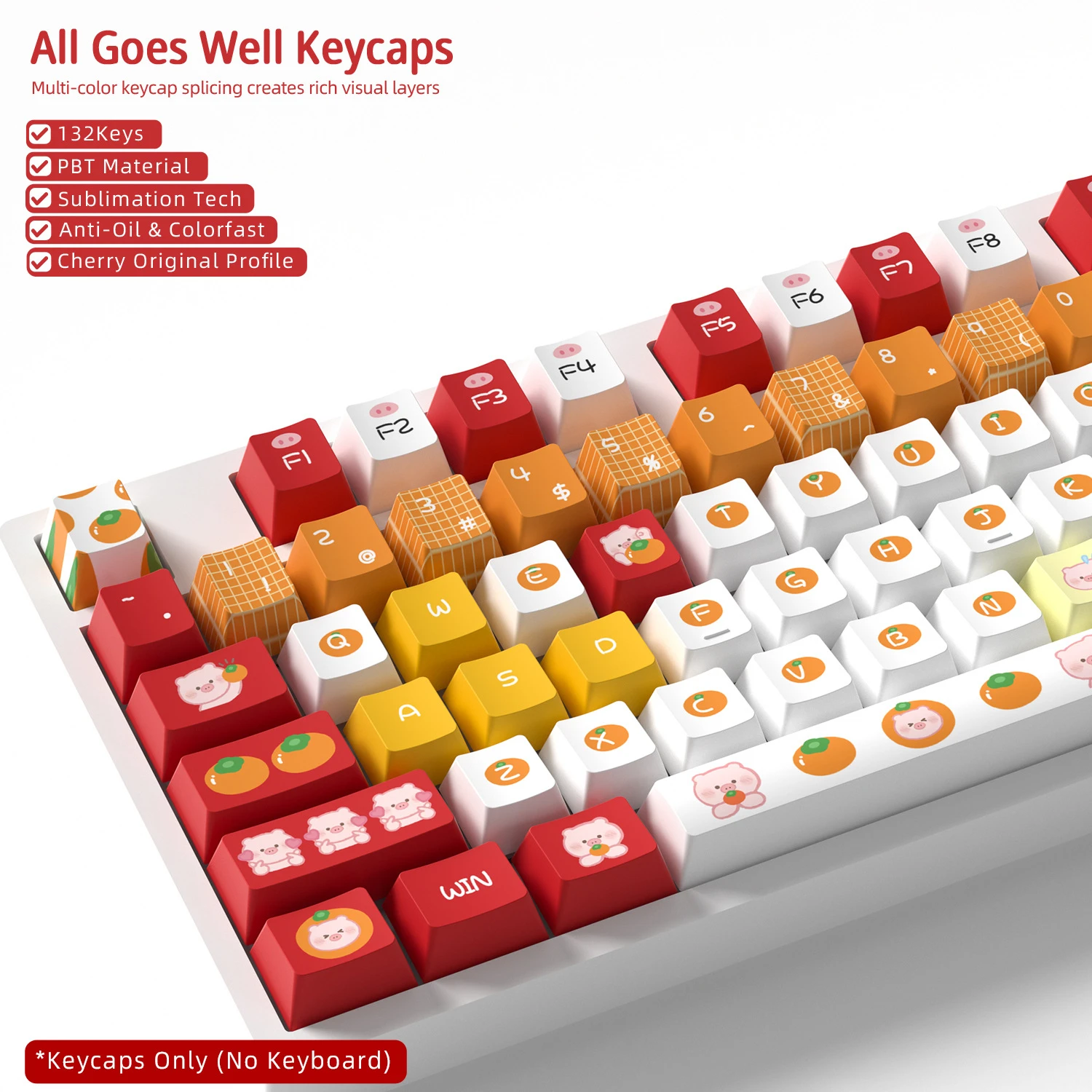 All Goes Well Keycaps 132 Keys PBT Material Keycaps Cherry Profile DYE-SUB For MX Switch Wooting Mechanical Keyboard Keycaps