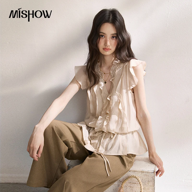 MISHOW Ruffled V-Neck Blouse 2026 Summer New Drawstring Waist Cinching Flying Sleeve French Gentle Top For Women MXF24X2655