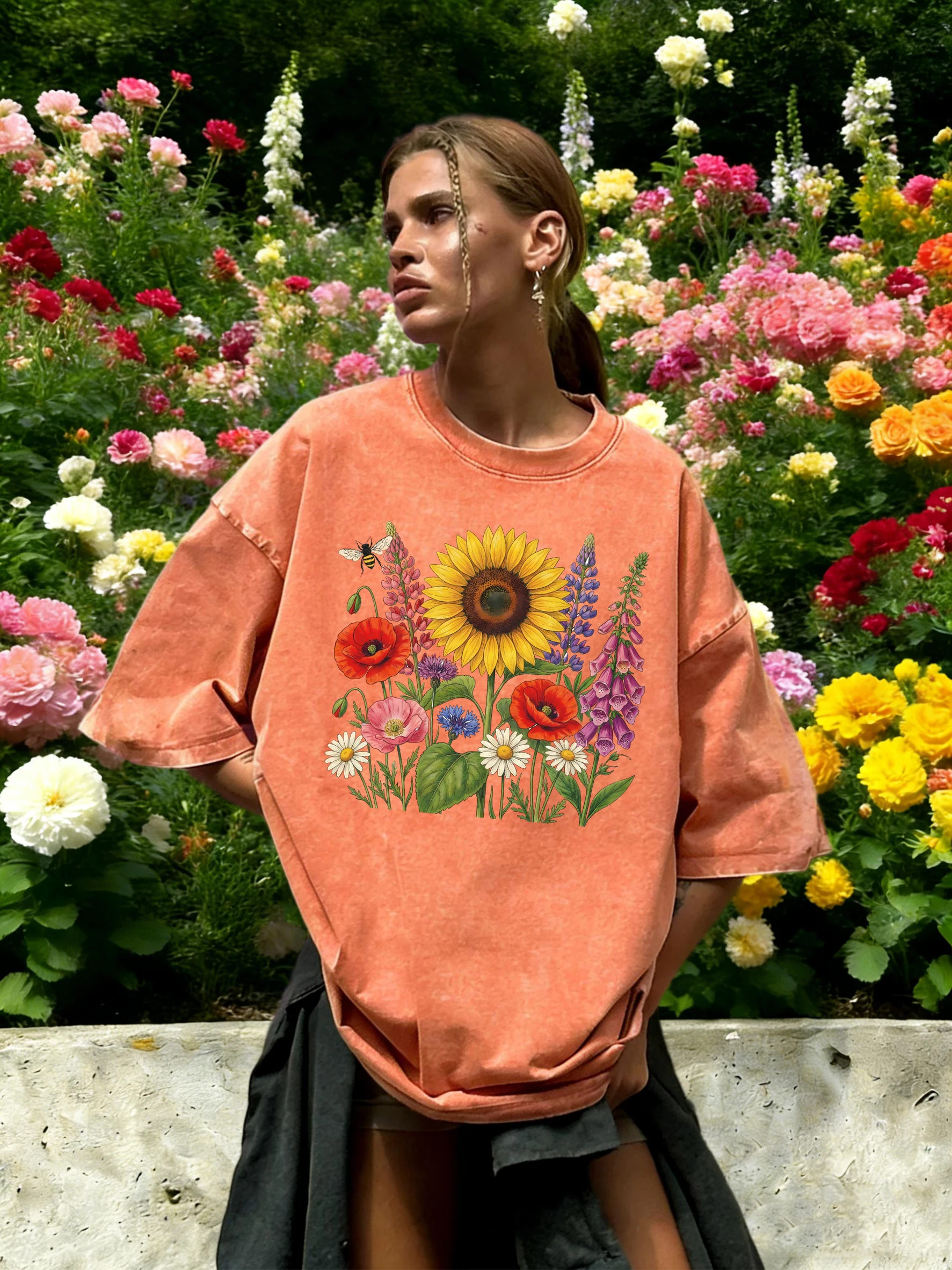 Bunte Sonnenblumen, schöne Blumen, bedrucktes, gewaschenes T-Shirt für Damen, O-Ausschnitt, Baumwoll-T-Shirt, lockere Kleidung, Vintage-Sommer-Sportbekleidung