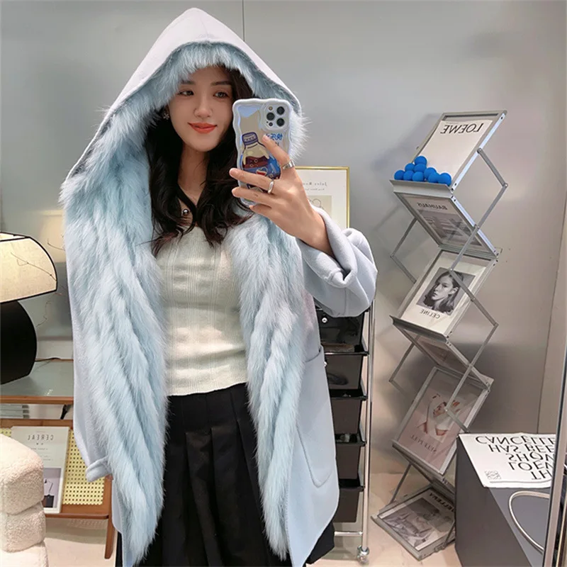 2024 Winter New Double sided Cashmere Coat Women's Hooded Fox Fur One Coat Three Wear Woolen Fleece Fur Vest Coat