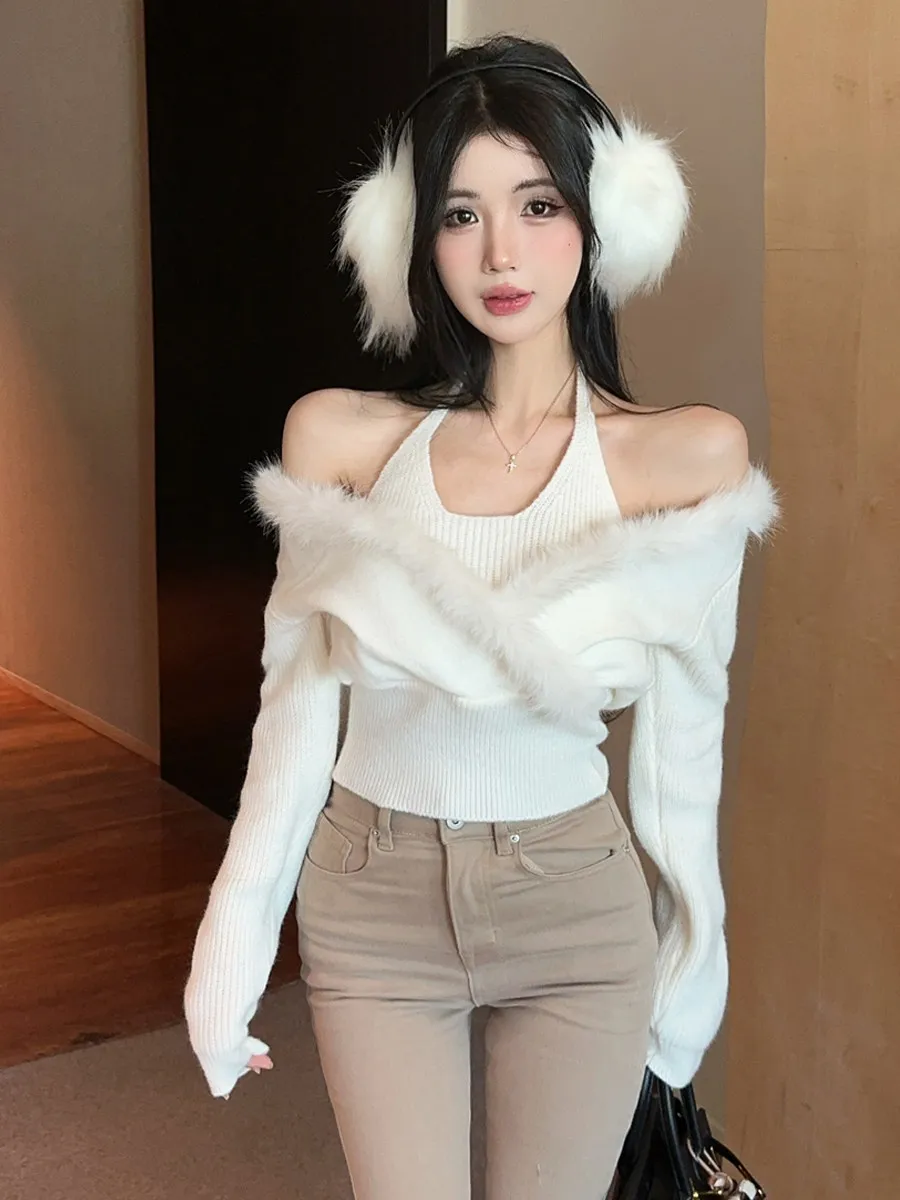 Sexy Hotsweet One Shoulder Feather Patchwork Coffee Brown Knit Sweater Women Spring Hollow Out Warm Bottoming Shirts Versatile