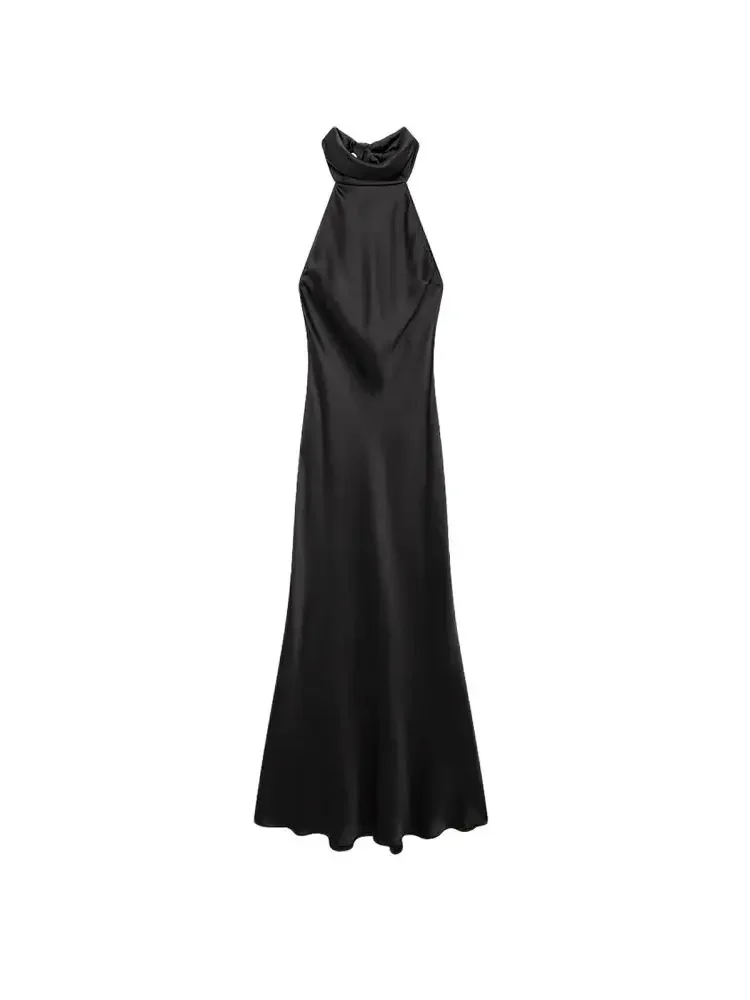 Langes Neckholder-Kleid aus Satin für Damen, rückenfrei, mit Schleife, Reißverschluss hinten, Damenkleider, sexy Mode