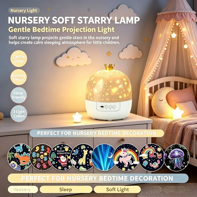 Starry Sky Night Light, Rotating Projection Lamp with Sound Box and Pattern Scenes for Children's Bedrooms and Play Tents