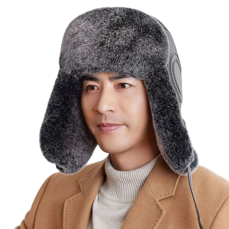 

New Fur Hat Men Men's 100% Natural Rex Rabbit Fur Bomber Hats Winter Russian Man Warm Real Sheepskin Leather Hat Male Fur Caps