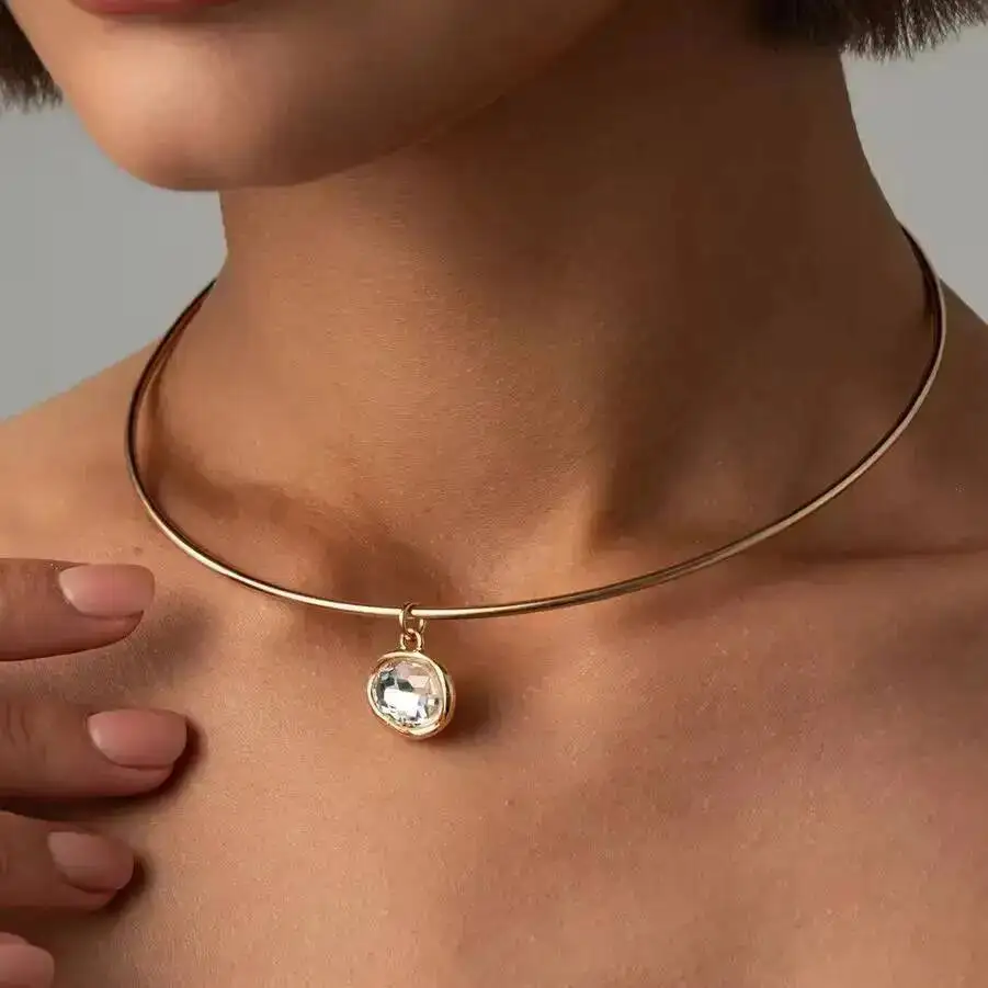 SHIXIN 2026 Fashion Geometric Rhinestone Pendant Short Choker Necklace Women Simple Metal Adjustable Clavicle Chain Jewelry Gift