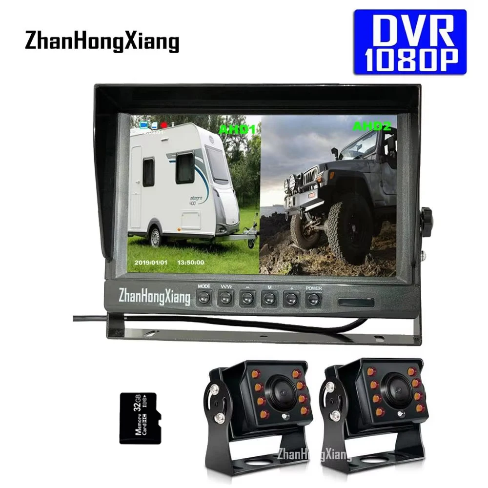 

2x AHD 1080P 8LED IR Reversing Backup Camera Kit + 9" IPS Car Rear View DVR Recorder HD Monitor System For RV Bus Truck 12V-24V