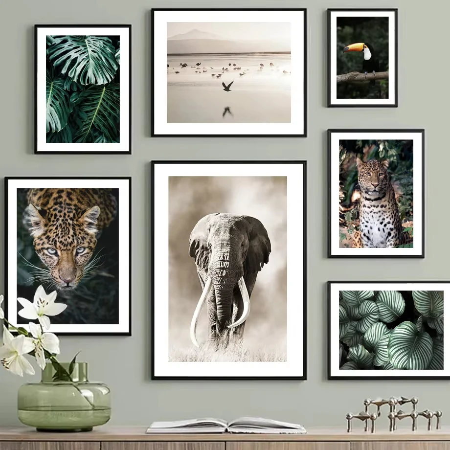 Póster de animales de hoja de pájaro tucán, elefante, leopardo salvaje de la selva, lienzo impreso, pintura, cuadros de pared para decoración para sala de estar