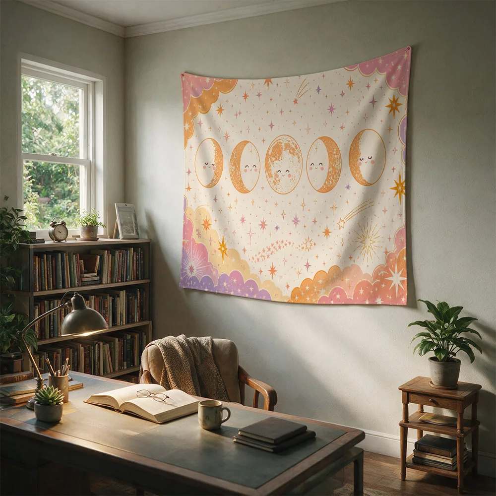 Cute Moon Stars Galaxy Nursery Wall Hanging Tapestry Boho Nursery Decor Baby Room Backdrop