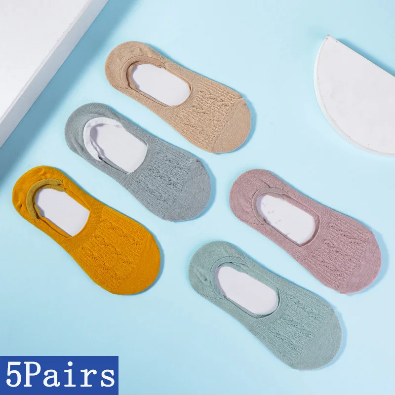 

5 Pairs/Lot Women's Summer Cotton Low Cut Solid Softable Silicone Non-slip Deep Mouth Prevent Heel Loss Slipper Funny Socks