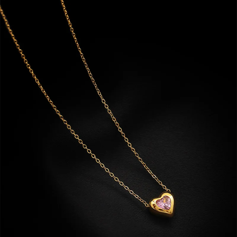 Cute Sweet Stainless Steel Gold Color Crystal Heart Pendant Necklace for Women Temperament Party Chokers Jewelry Colorfast Gift