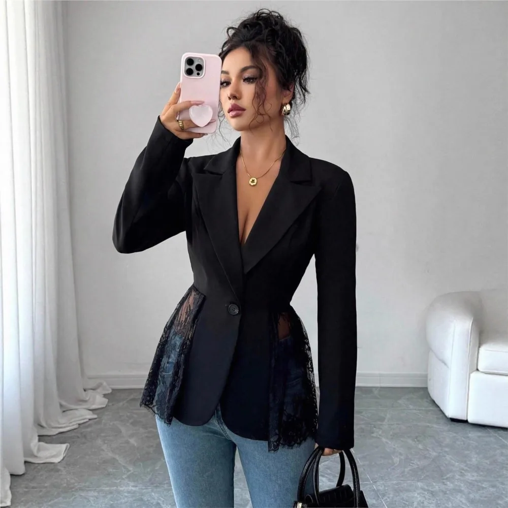 New Color-Blocking Lace-Wrapped Slim Fit A-Line Women's Blazer Casaco Feminino Blazer Femme