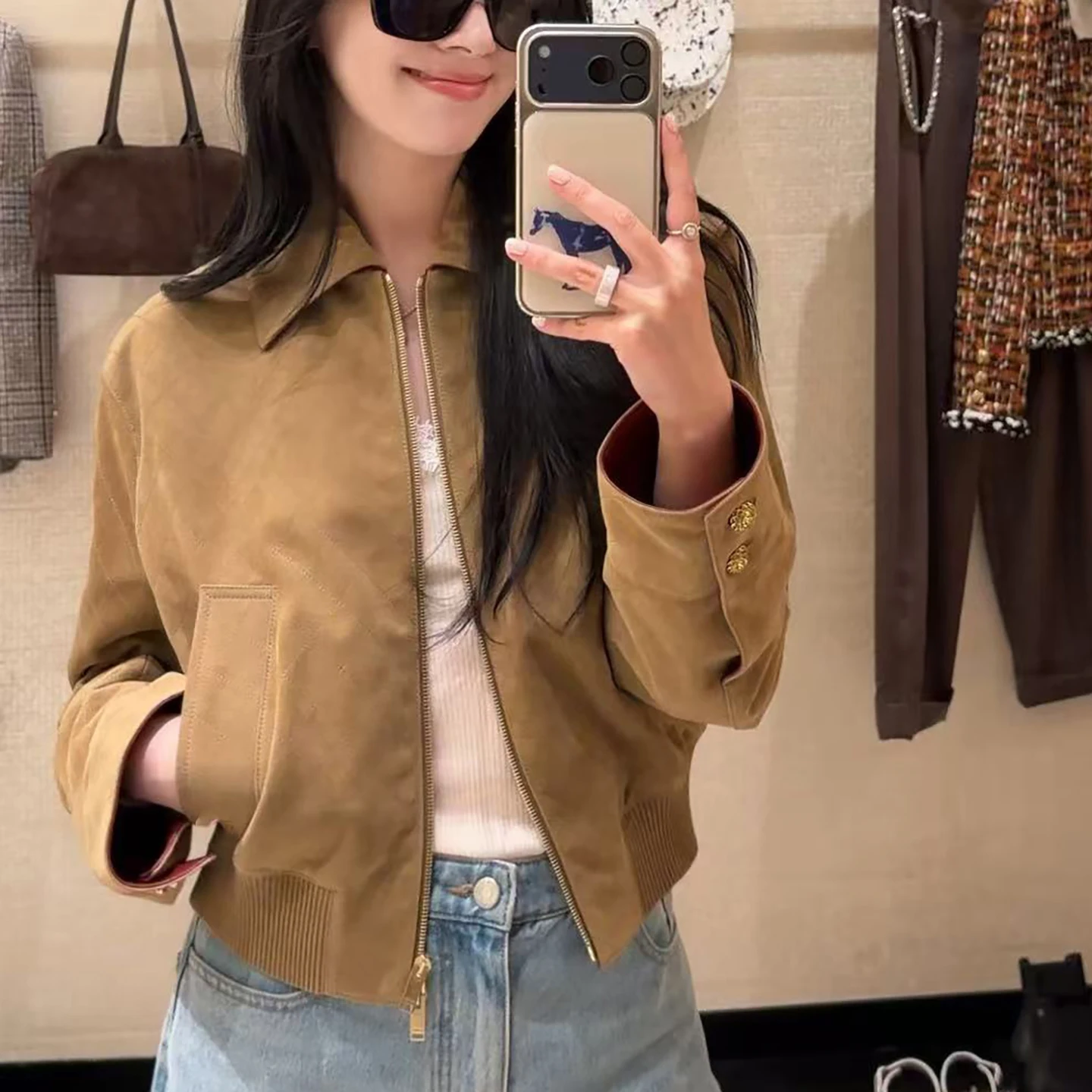 2026 spring and autumn new retro lapel zipper short coat women's loose and thin leather jacket brown temperament coat