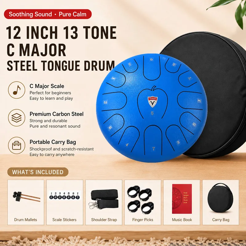 12 Inch steel tongue drum 13 Notes C Key,rain drum,meditation drum,sound healing instruments,yoga percussion,beginner portable percussion instrument with drum stick finger cover music book portable bag accessories suitable for camping music communication