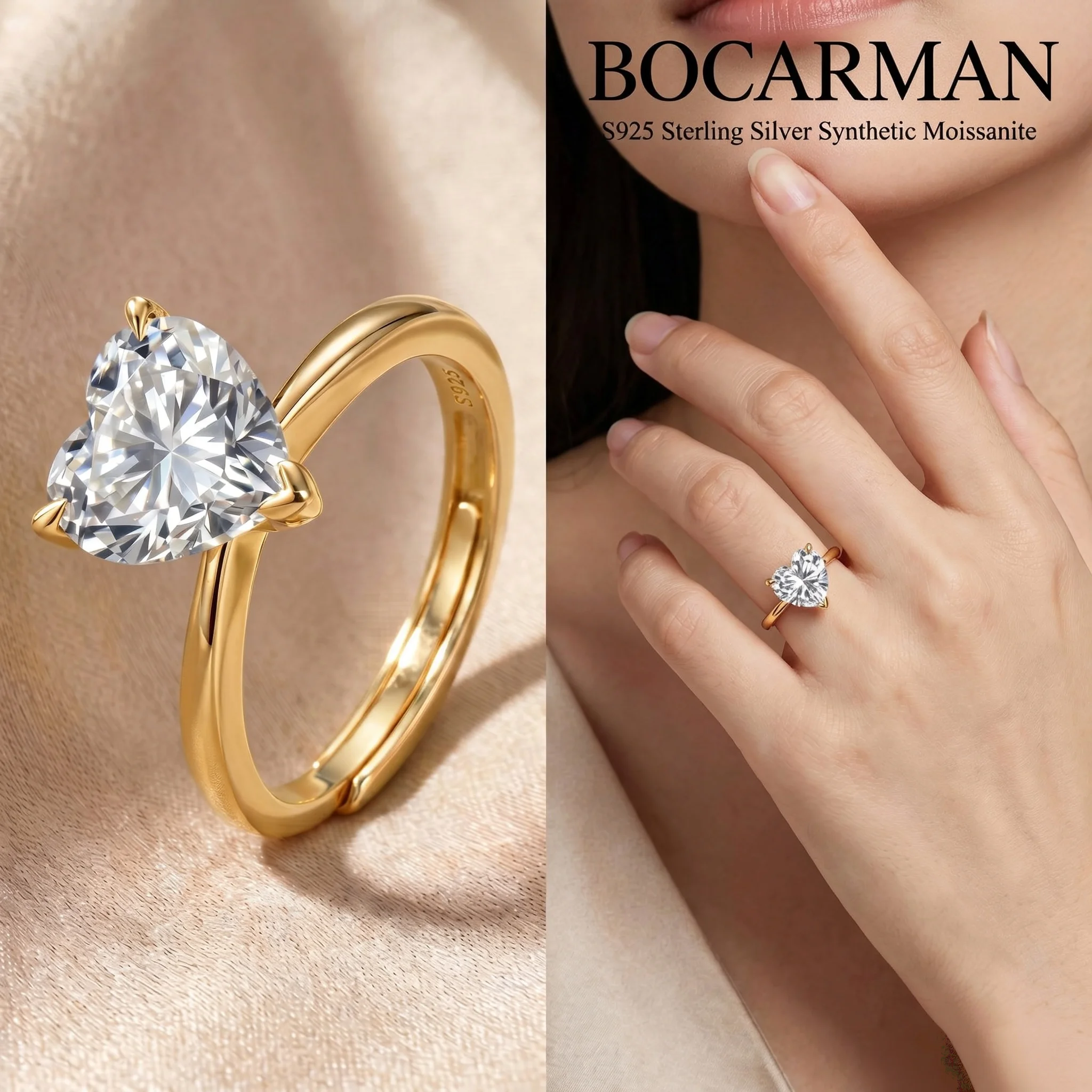 BOCARMAN Heart Moissanite Ring S925 Silver Glitter Eternity Band Promise Jewelry for Women
