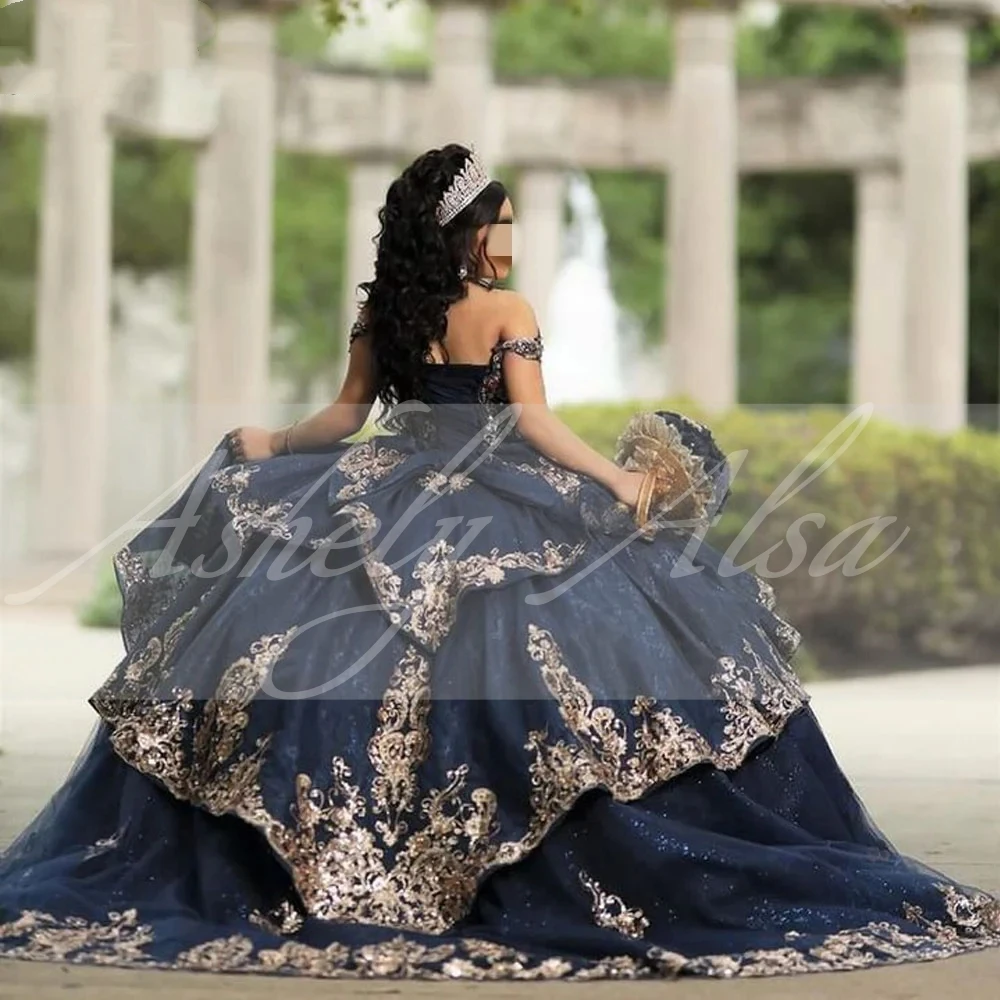 Customized Navy Blue Gold Women Birthday Party Dresses Off Shoulder Lace Applique Vestido De xv Anos Sweet 15 Quinceanera Prom