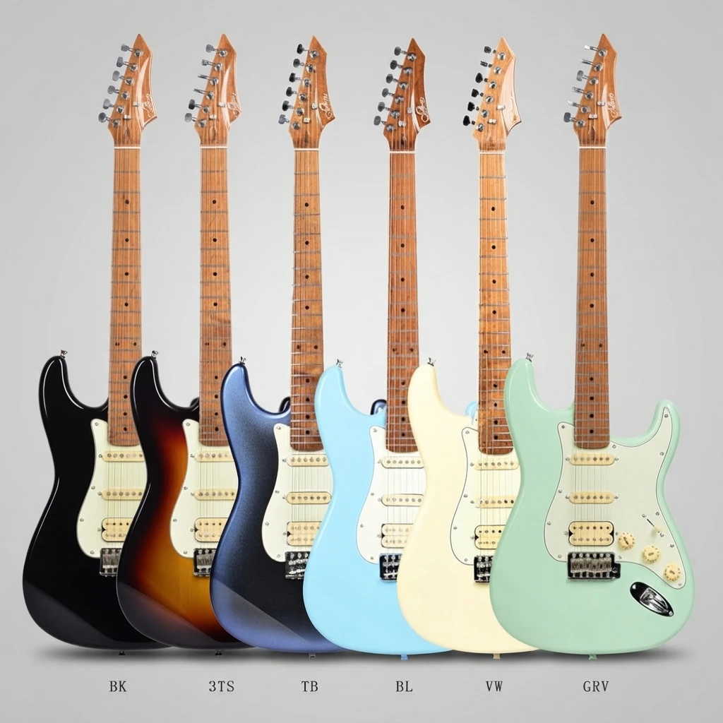 Single Cutaway Electric Guitar, HSS Pickups, Strat Style, Maple Neck, 6 Color Options, White Pickguard, 6 Strings for Beginners