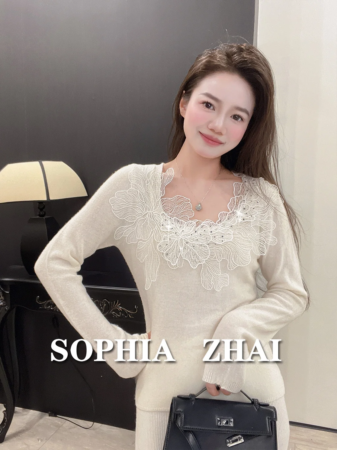 

Шерстяной свитер с кружевом и вышивкой, облегающий, с низким круглым вырезом, в корейском стиле, для повседневной носки