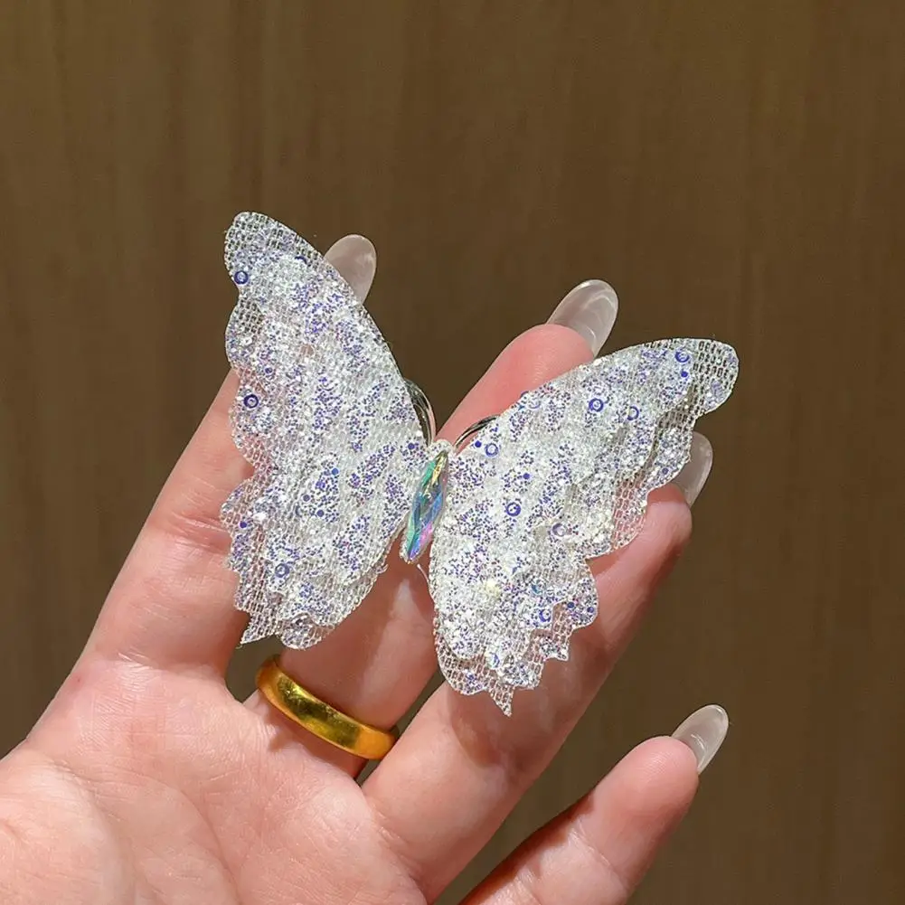 Compact Hair Clip Rhinestone Hair Clip with Gradient Mesh Yarn 3d Butterfly Side Bang Pin Fairy Girl Hair Accessories Decor Blue