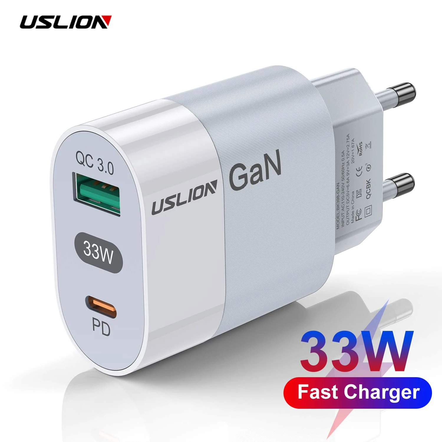 USLION 33W GaN Charger PD QC 3.0 USB Type C Fast Charging Portable Travel Charger For iPhone 14 13 Pro Max Xiaomi POCO Samsung