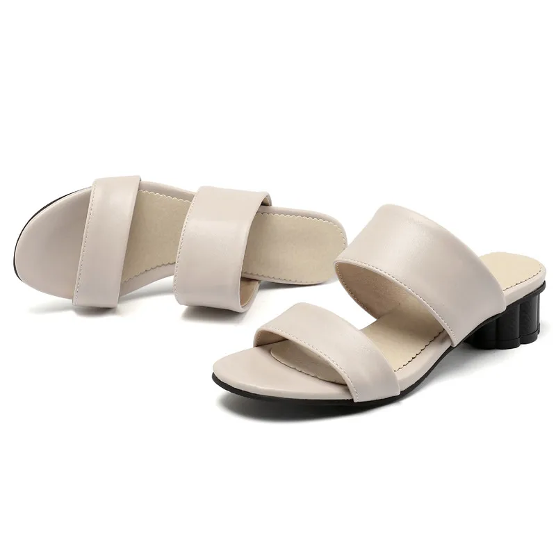 Casual Women\'s Slippers Summer Mules Shoes Square Low Heel White Sandals Female Flip Flop Outdoor Slides Shoes Large Size 48