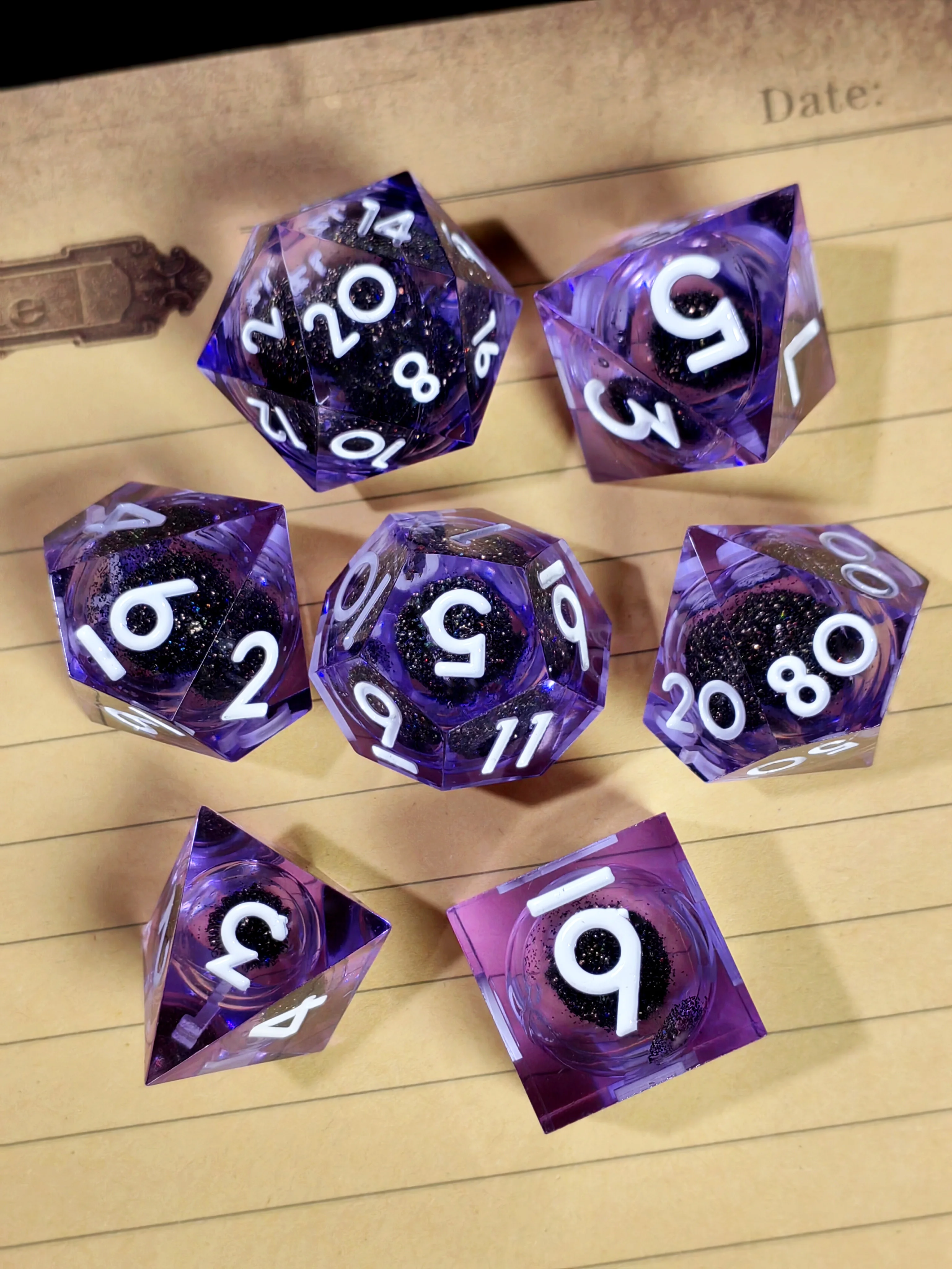 

DnD Dice Set - 7pcs Sharp Edge Resin Dice, Purple Flowing Sand, Light Purple with White Numbers, for D&D RPG Tabletop Games
