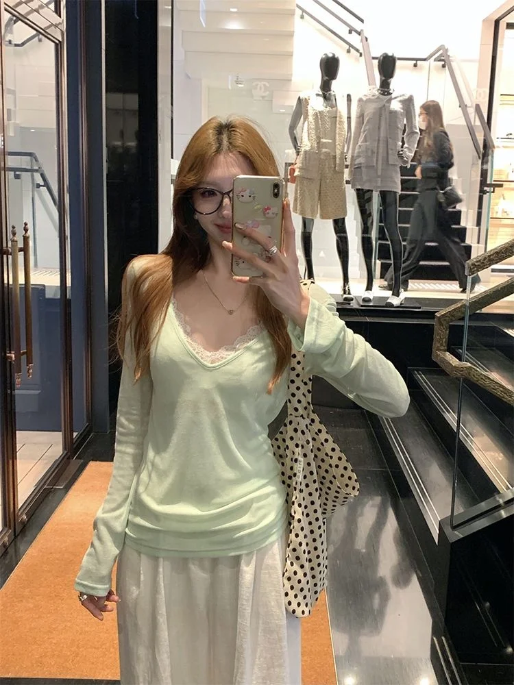 Csa de Protección Solar de Manga Larga con Capas Suaves Estilo Coreano para Mujer, Top de Manga Larga con Ribete de Encaje...