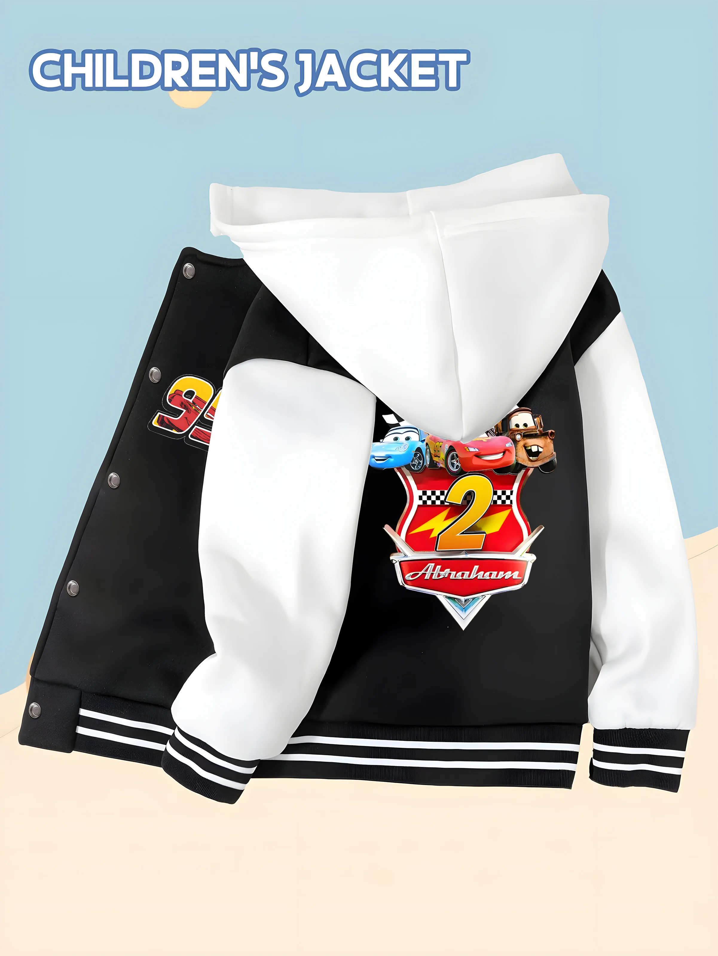 

MINISO Cars Boys' Baseball Jacket - Team Racing Badge Print, Perfect for Family Outings, Disney, Comfortable Fabric