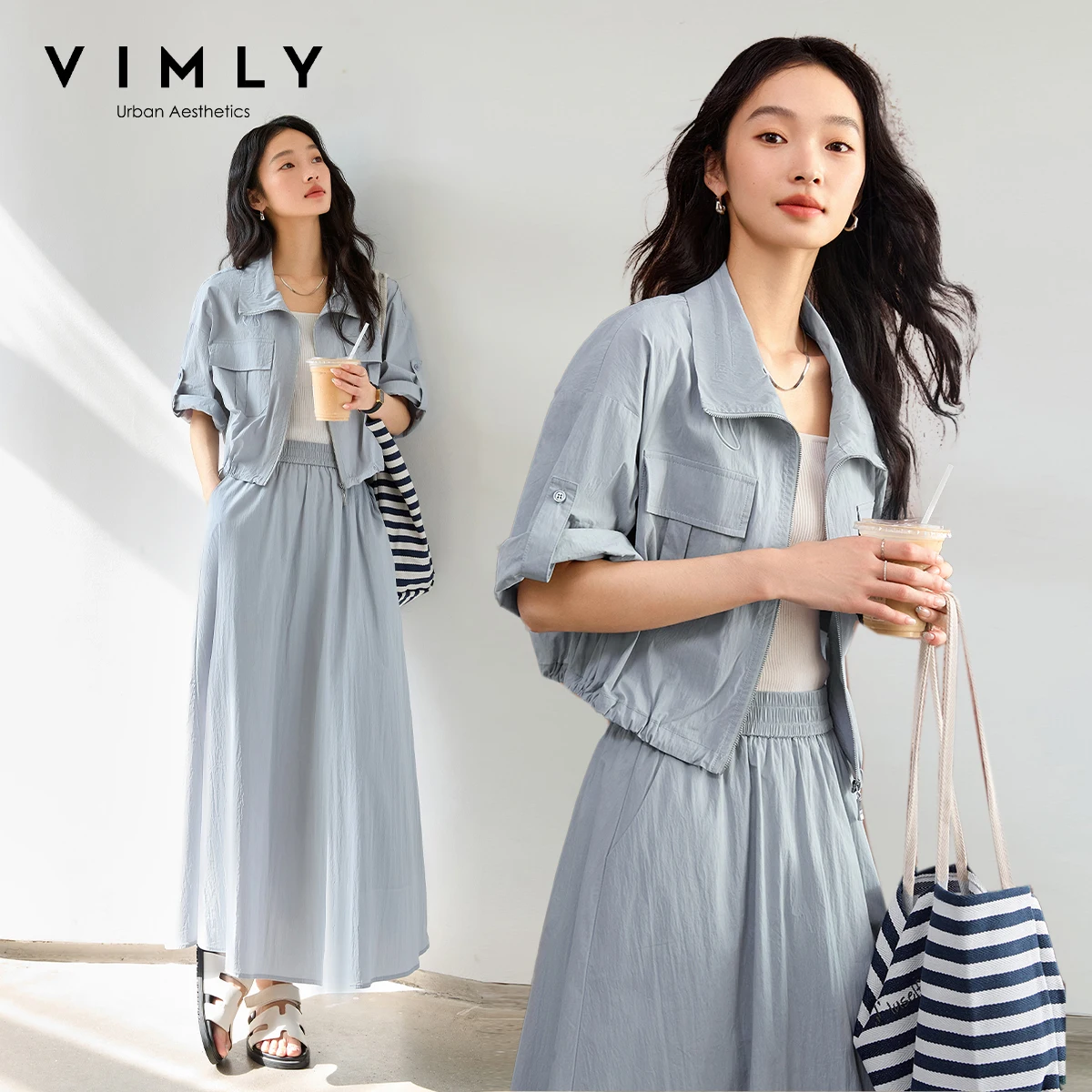 VIMLY Women's Skirt Sets 2026 Gray and Blue Commuter Skirt Suits Woman Outfits Summer Short Sleeve Crop Jacket Long Skirt M8106
