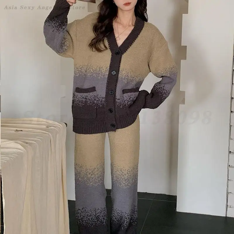 Autumn Winter Thick Plush Sleepwear Women 2PCS Pajamas Set Fashion Gradient Flannel Pijamas Trouser Casual Outwear Homewear