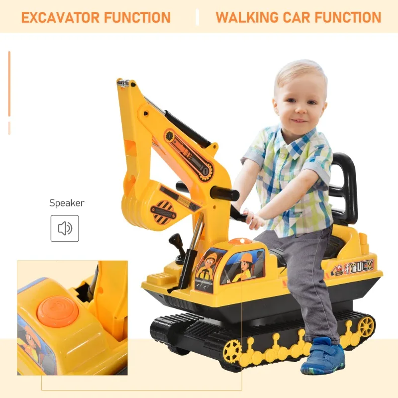 Extrator de escavadeira sit-on, caminhão escavadeira infantil com buzina e armazenamento sem sede, adequado para crianças de 18 meses +