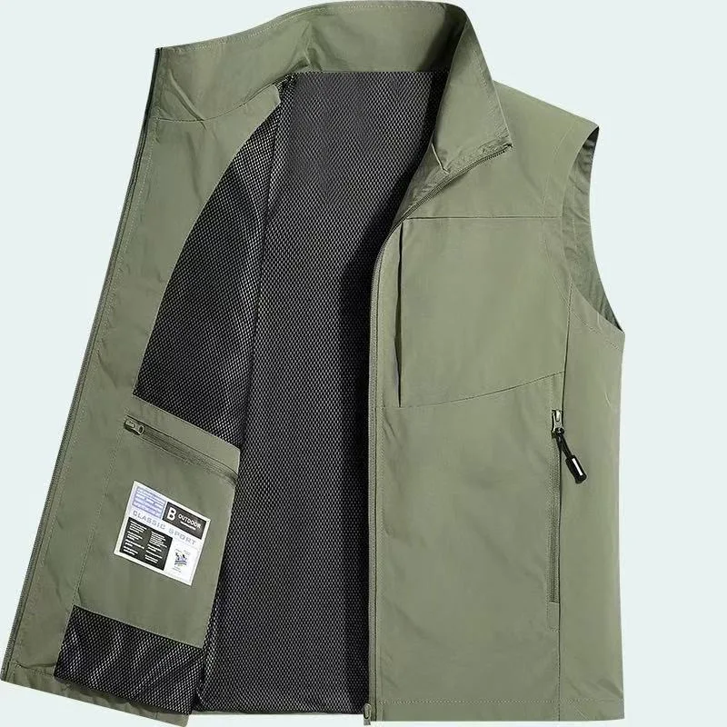 เสื้อกั๊กลำลองสำหรับผู้ชาย ฤดูใบไม้ร่วงและฤดูหนาว เสื้อกั๊กกลางแจ้งสำหรับวัยกลางคนและผู้สูงอายุ มีกระเป๋า เสื้อแจ็คเก็ตแขนกุด คอตั้ง