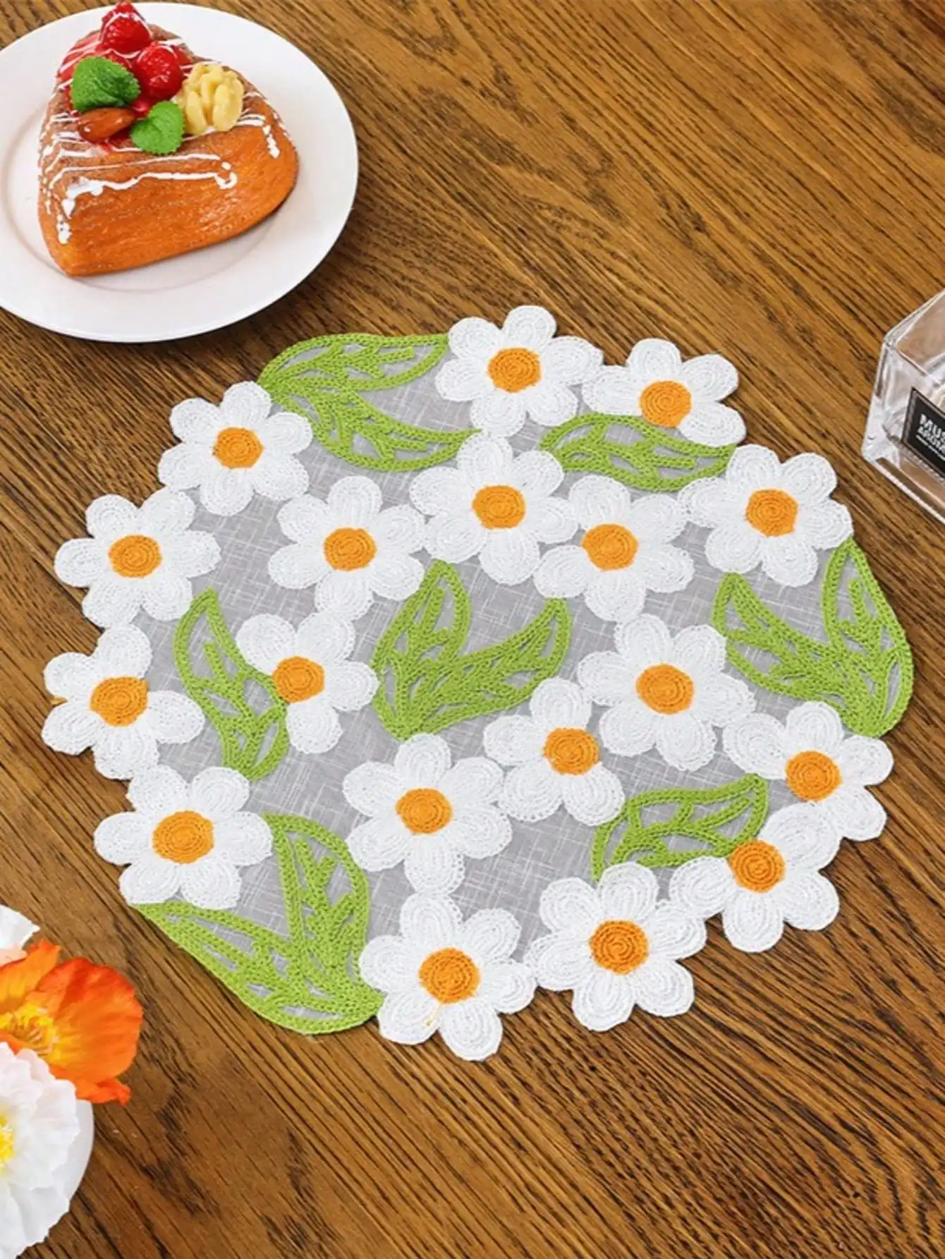 1/2/4/6pcs Floral Embroidered Round Placemats, Solid Color Dining Table Mats, Non-Slip Coasters For Home Kitchen view 3
