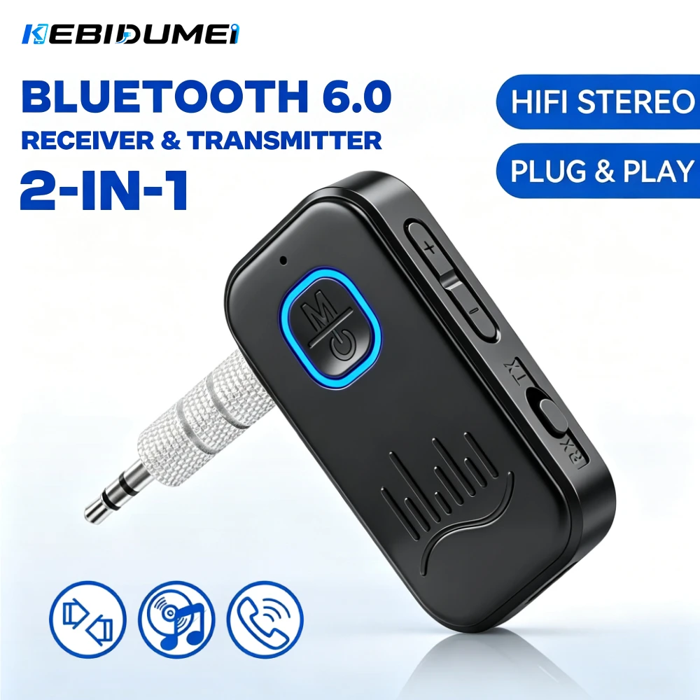 KEBIDUMEI 2-In-1 Bluetooth 6.0 Receiver Transmitter 3.5mm AUX Lossless Sound MIC Wireless Audio Adapter For Car Speaker TV PC