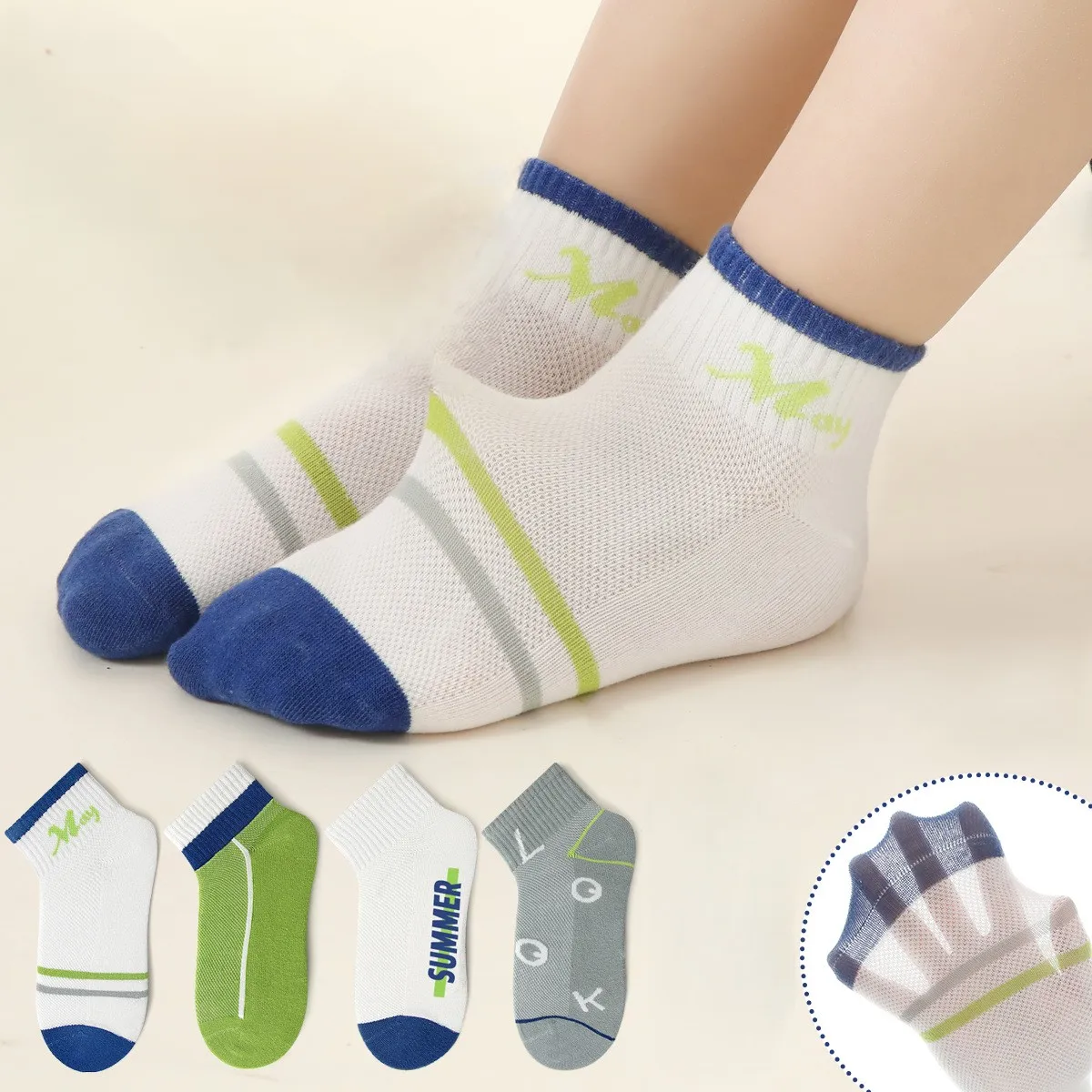 4-Pack Mesh Kids Socks Set Thin Breathable Cotton Summer Socks for Boys & Girls with Writing for Nursery