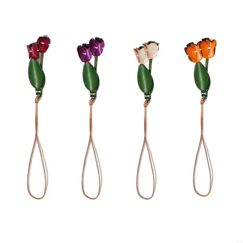 

448E Handmade Tulips Key Holder Youthful Backpack Ornament Leather Texture