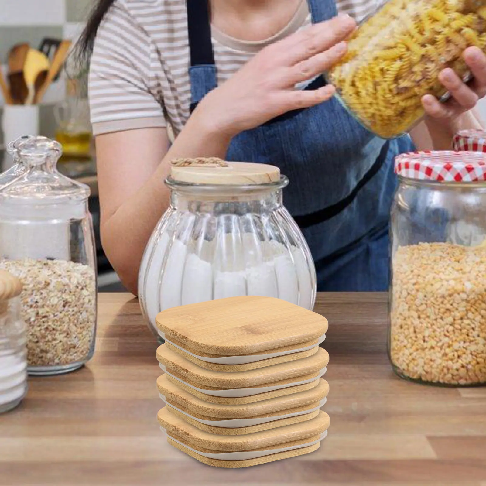 Juego de 4 Recipientes de Vidrio con Tapas de Bambú, Cuadrados, Herméticos, para Almacenamiento en la Cocina, para Té, Café, Azúcar, Conservación de la Frescura