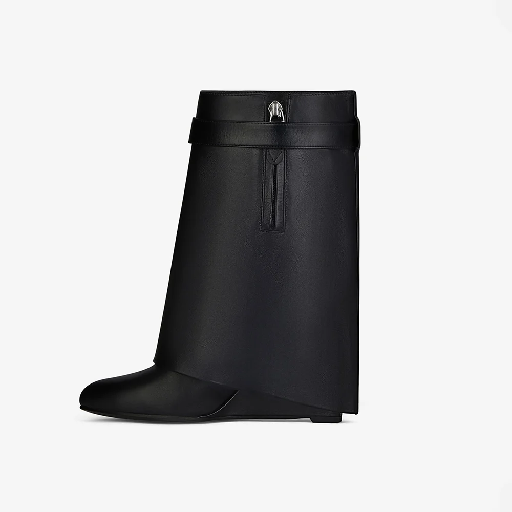 Spring Autumn New Style Wide Barrel Foldable Shark Boots Leisure Fashionable High Heeled Mid Calf  Boots Party Banquet Shoes