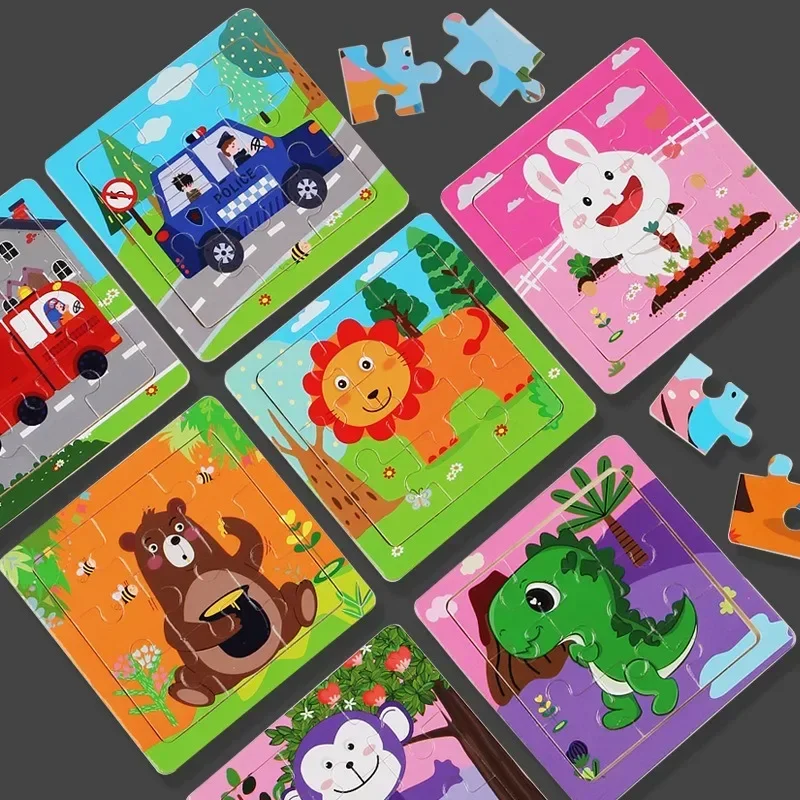 Puzzles animaux de dessin animé en bois pour enfants, jeu Montessori, jouets pour tout-petits, puzzle nitive, avion, bébé