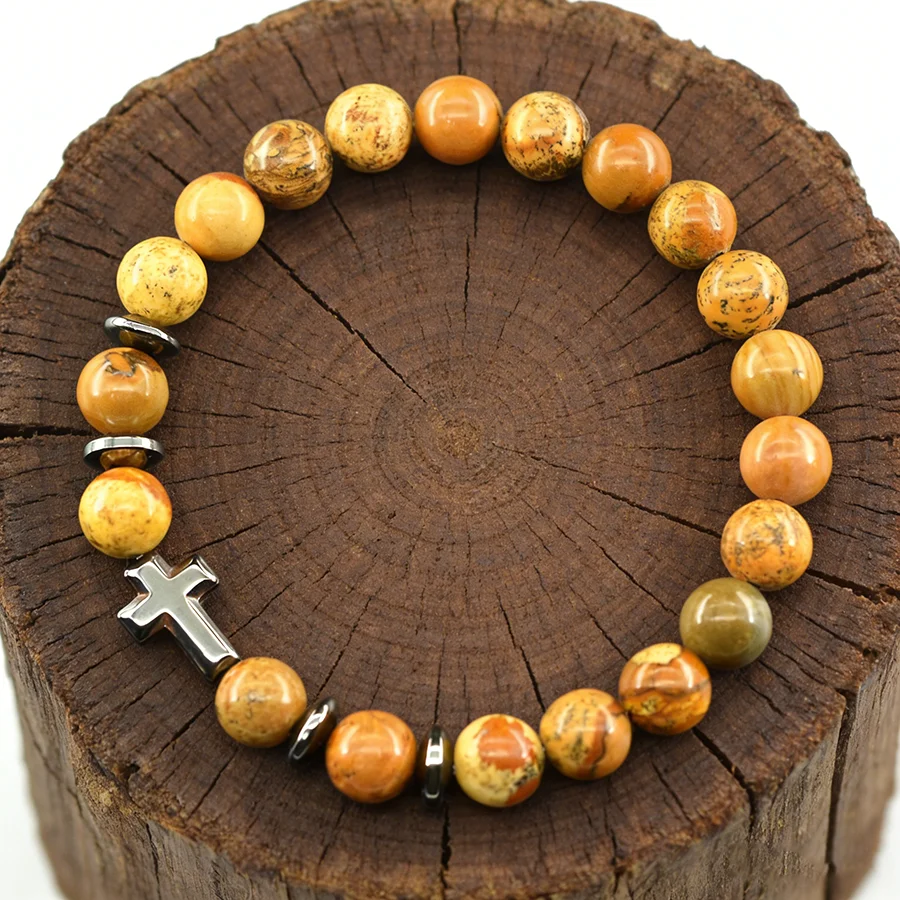 Pulsera de piedra con imagen Natural de oración de Jesús, Rosario para hombres y mujeres, pulsera cruzada de hematita, pulsera de meditación de Yoga de ónix, joyería para mujeres