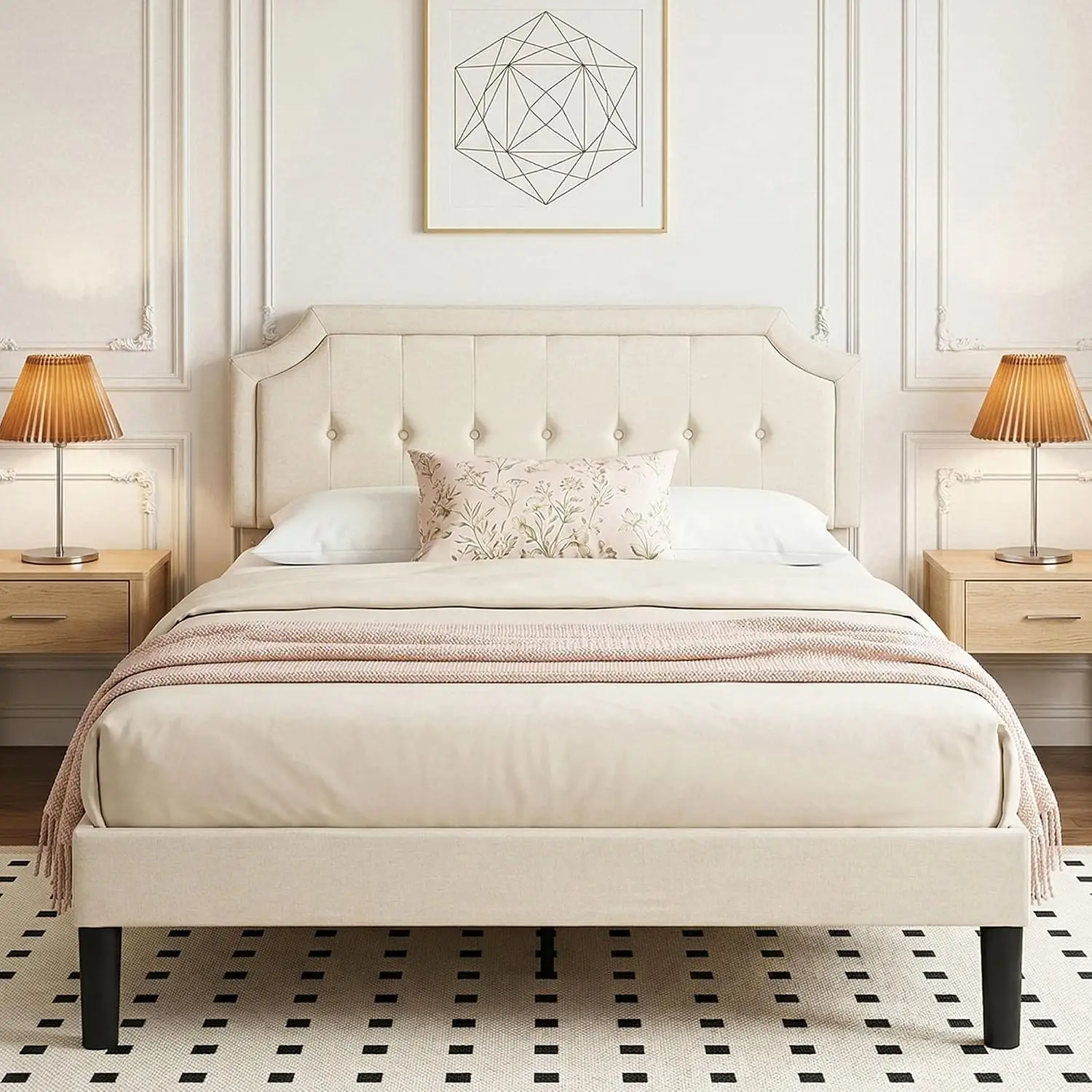 Full Size Bed Frame with Fabric Upholstered Headboard, Platform Bedframe Mattress Foundation, Sturdy Wooden Slats Support,No