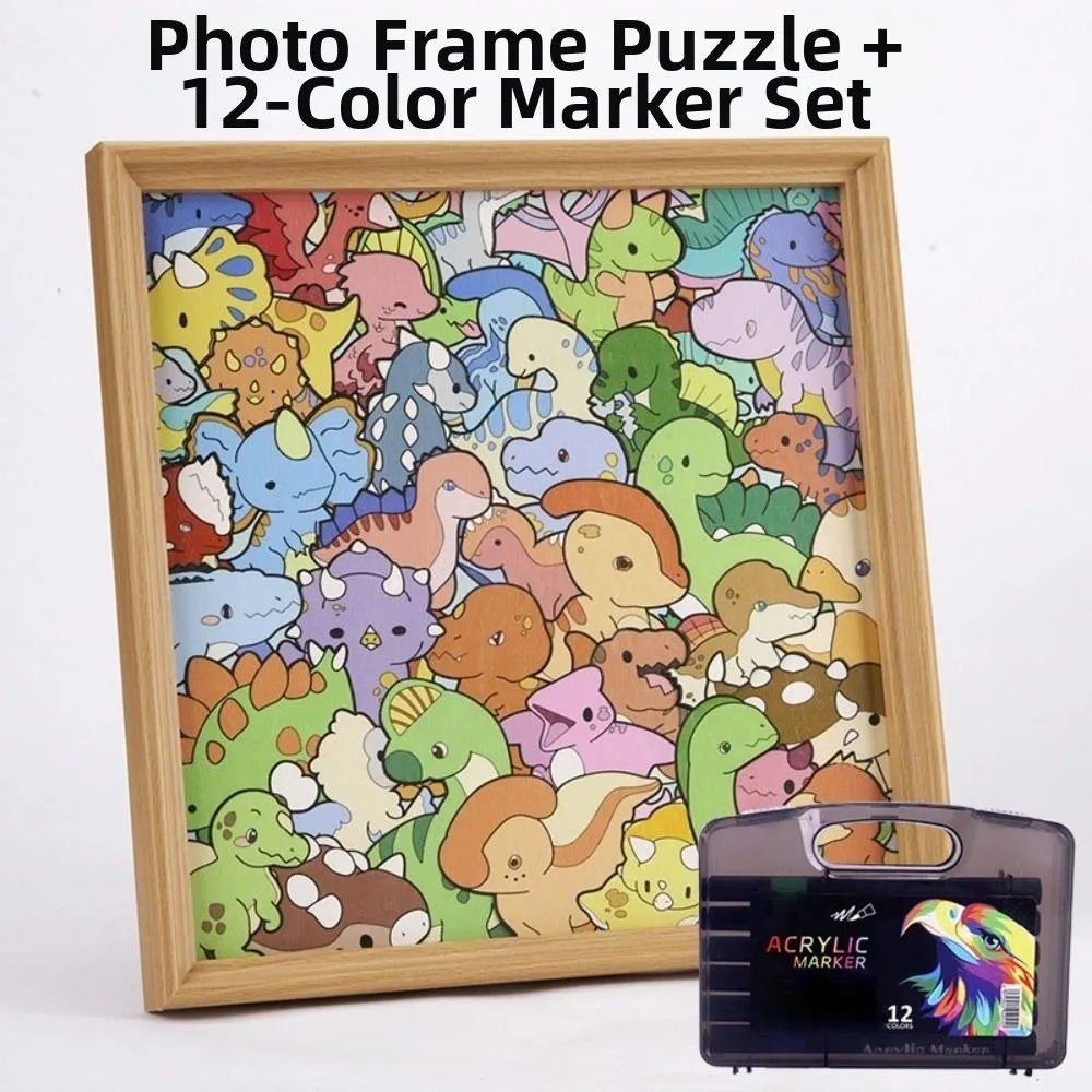 with Frame Pen Dinosaur Wooden Coloring Puzzle Paintable Jigsaw Photo Frame Paint Puzzle Coloring Craft Kits DIY Color