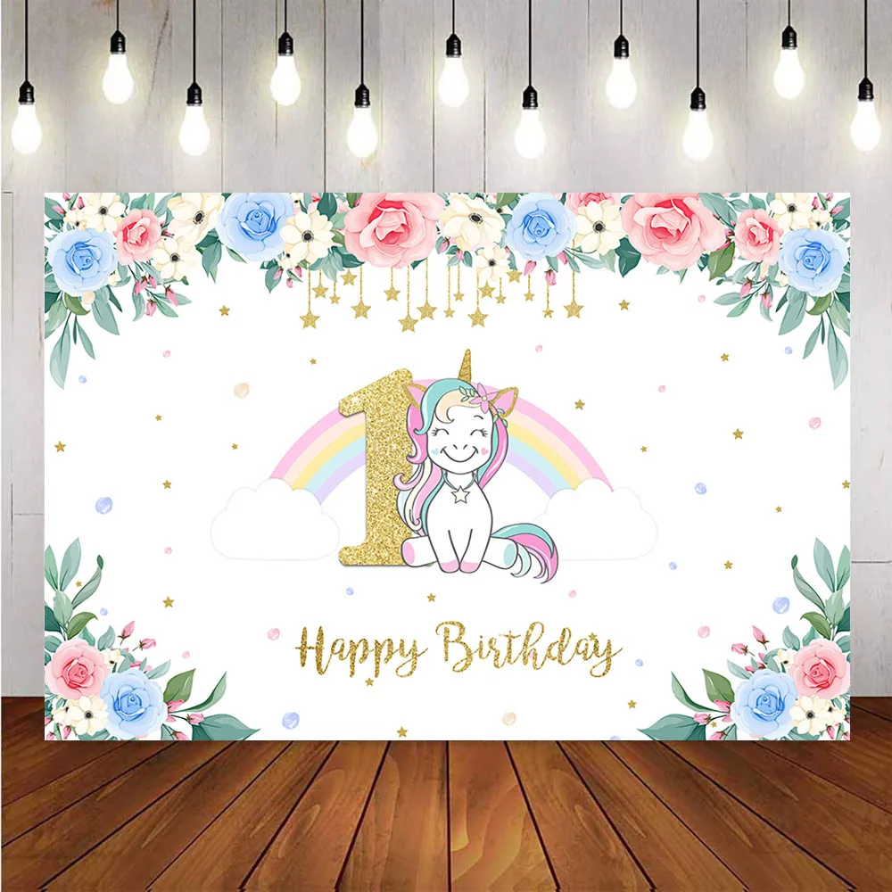 1st happy birthday theme party decoration backdrop for photography unicorn rainbow flower background for photo studio custom