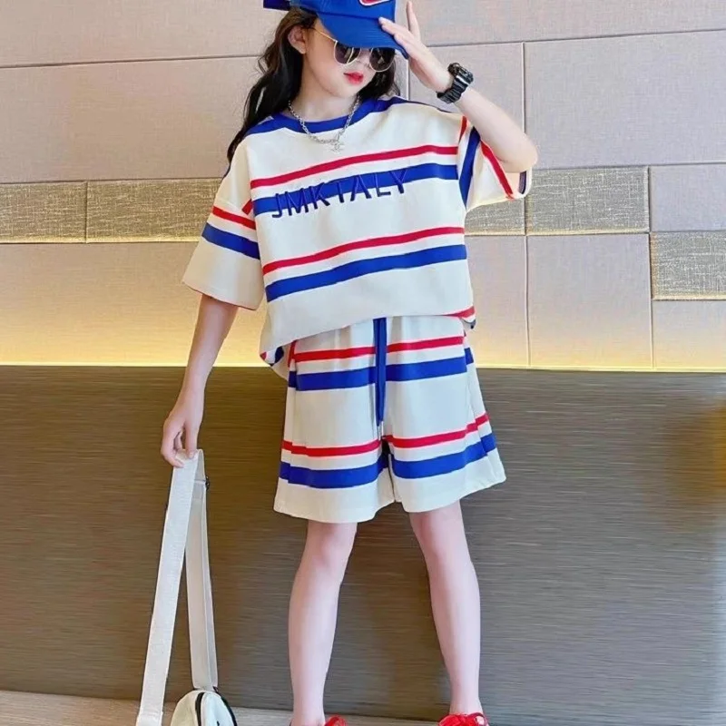 Summer Girls Cotton Stripes Alphabet T-Shirt Tops+Drawstring Shorts Workout Sets School Kids 2PCS Tracksuit Child Outfits