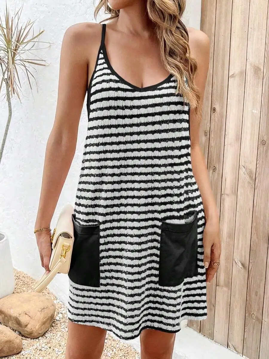 

Womens Striped Sleeveless Mini Dress With Pockets Summer Casual Outfit