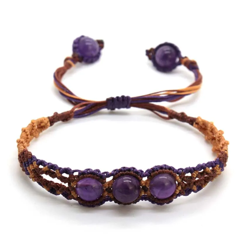 Braided Crystal Macrame Stone Bracelets For Women Natural Amethyst Quartz Round Beads Handmade Rope Weave Adjustable Bracelet