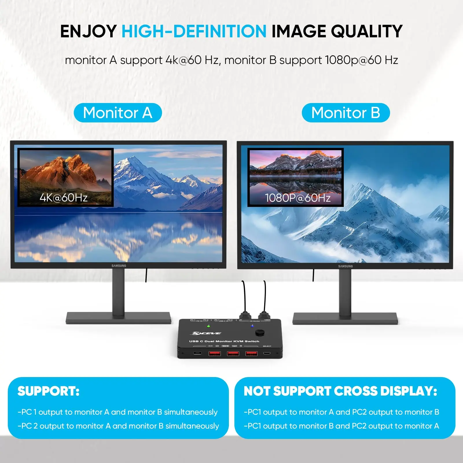 محول USB C KVM 3/2 شاشات 2 كمبيوتر محمول 4K/1080P@60 هرتز، محطة إرساء USB-C شاشة ثلاثية/مزدوجة KVM مع 4 منافذ USB 3.2 #4