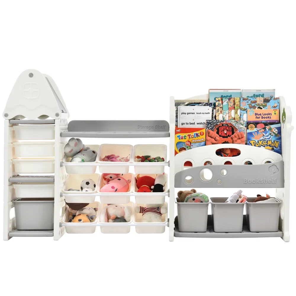 Kids Bookshelf & Toy Storage Organizer with 17 Bins & 5 Shelves, Multi-functional Nursery Furniture Set.