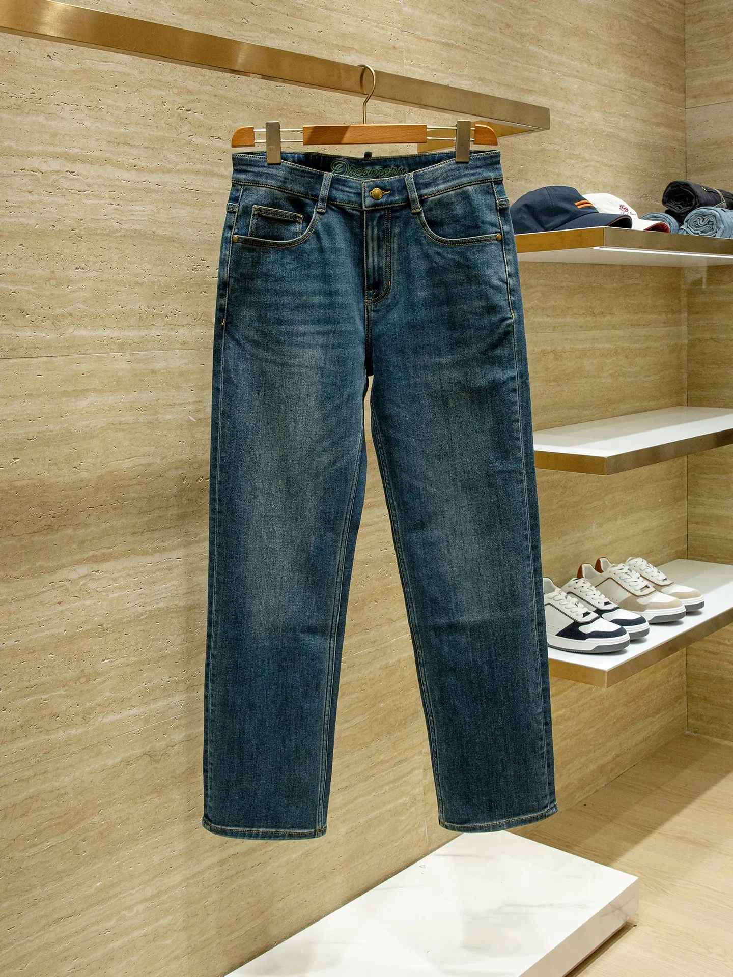 Vintage blue washed 14oz stretch cotton, spring and summer men's high-end loose straight jeans